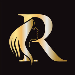 Beauty Logo On Letter R Concept With Woman Face Symbol. Fashion Logotype. Spa Logo Design