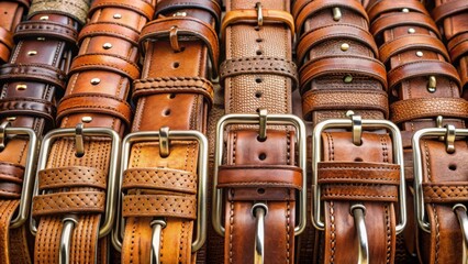 A close-up view of several leather belts with silver buckles, showcasing various textures and stitching patterns, highlighting the craftsmanship and quality of the belts.
