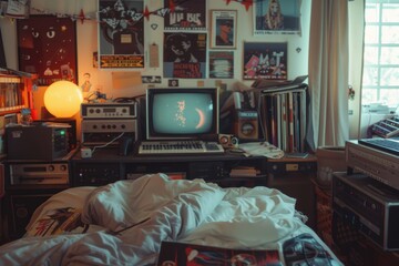 Retro 1990s Bedroom with Lava Lamp, Stereo, and Nostalgic Decor for Vintage Design Inspiration
