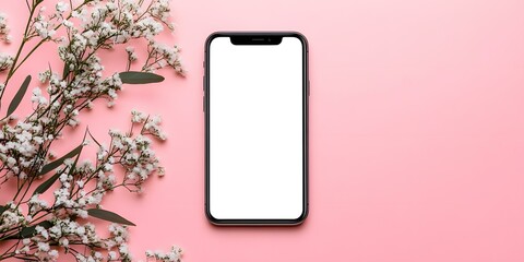 White Flowers and Smartphone on Pink Background
