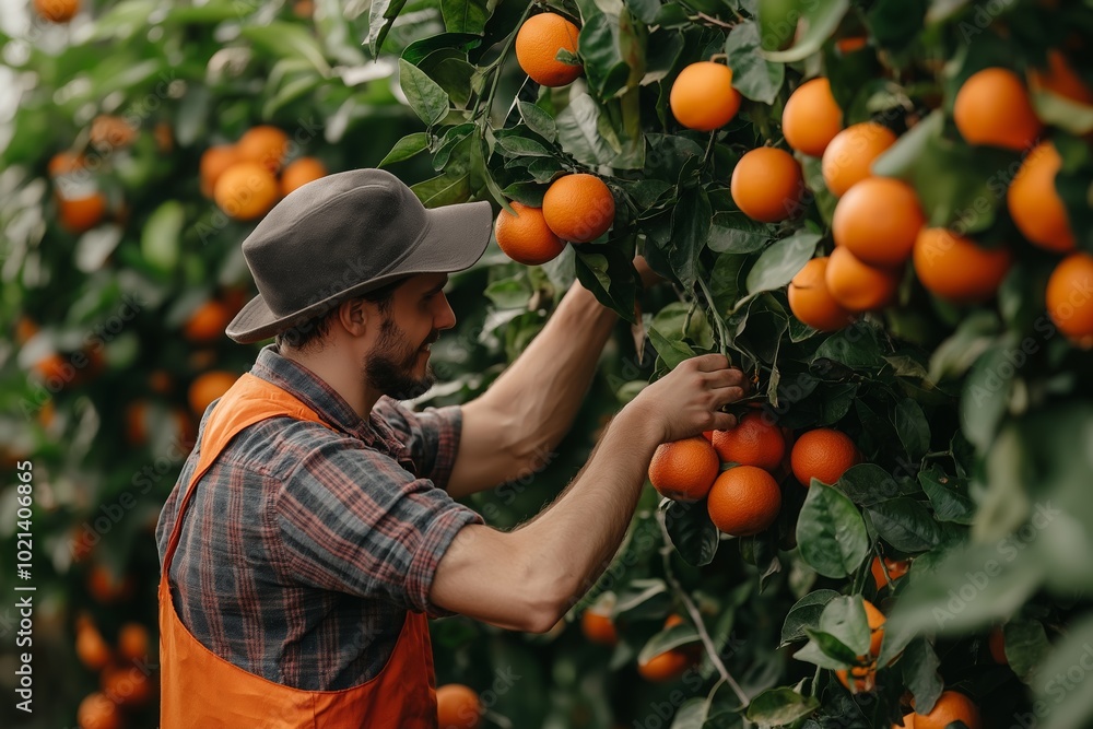 Poster man in a hat and orange vest is picking oranges from a tree. the oranges are ripe and ready to be pi
