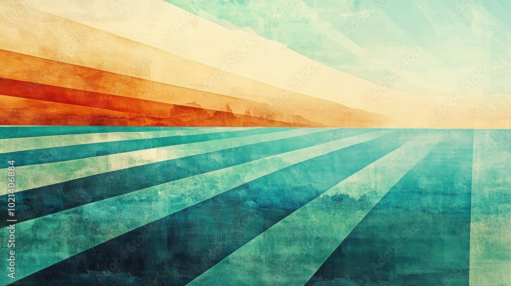Poster Abstract painting featuring a horizontal multi line color gradient with geometric designs in aqua light blue and cork brown for a blended mosaic effect