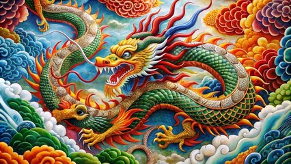 Obraz premium Exquisite Traditional Japanese Dragon Painting with Vivid Colors and Intricate Details on Silk Canvas