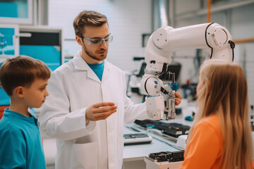 A teacher explains robotics to two students using a robotic arm.