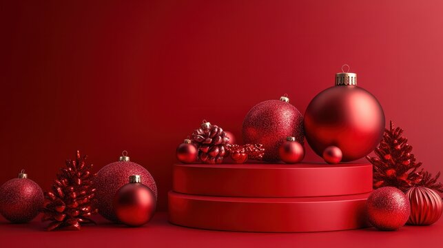 Red podium for christmas product display on red background Product display stand Christmas baubles decoration : Generative AI
