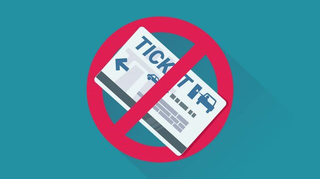 Appearance of crossed out red circular prohibition symbol on a toll ticket on blue background with long shadow in flat design style