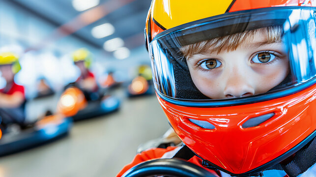 close-up on young racer's determined eyes through helmet visor, other karts in background