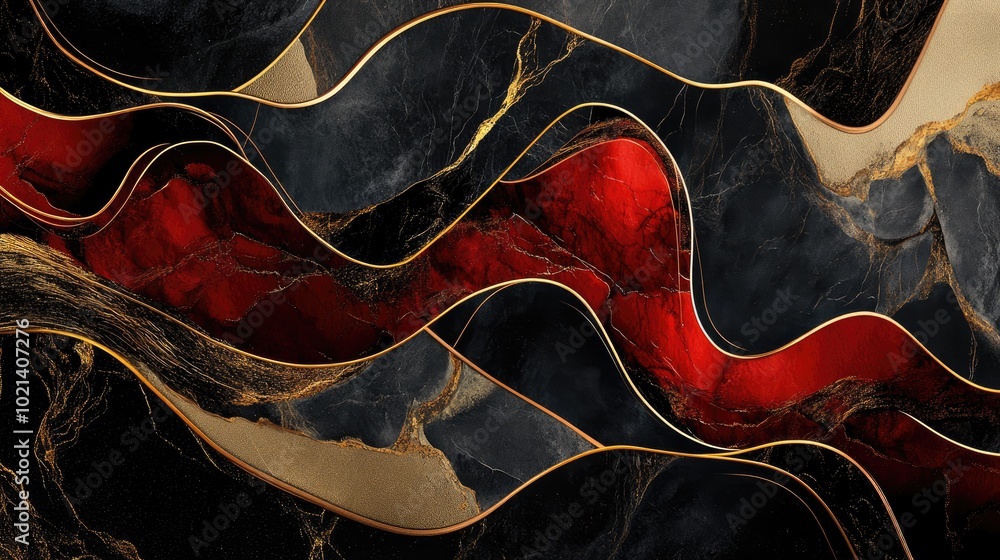 Poster 3D modern mural design featuring golden lines and red shapes with a marble effect on a dark black background suitable for canvas prints and carpet designs