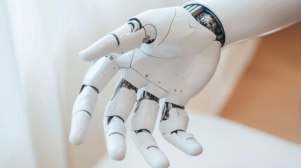 A close-up of a robotic hand reaching out with open fingers.