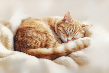 Naklejka premium Sleeping tabby cat curled up on a soft blanket, watercolor illustration with a cozy atmosphere.