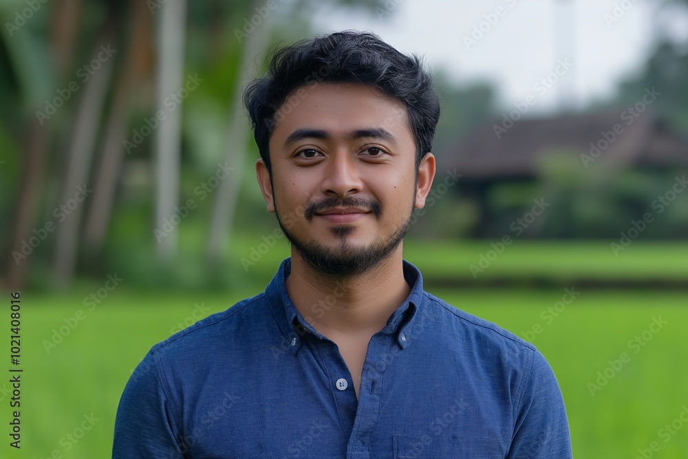 Poster man with a beard and a blue shirt is smiling for the camera. the image has a relaxed and casual mood