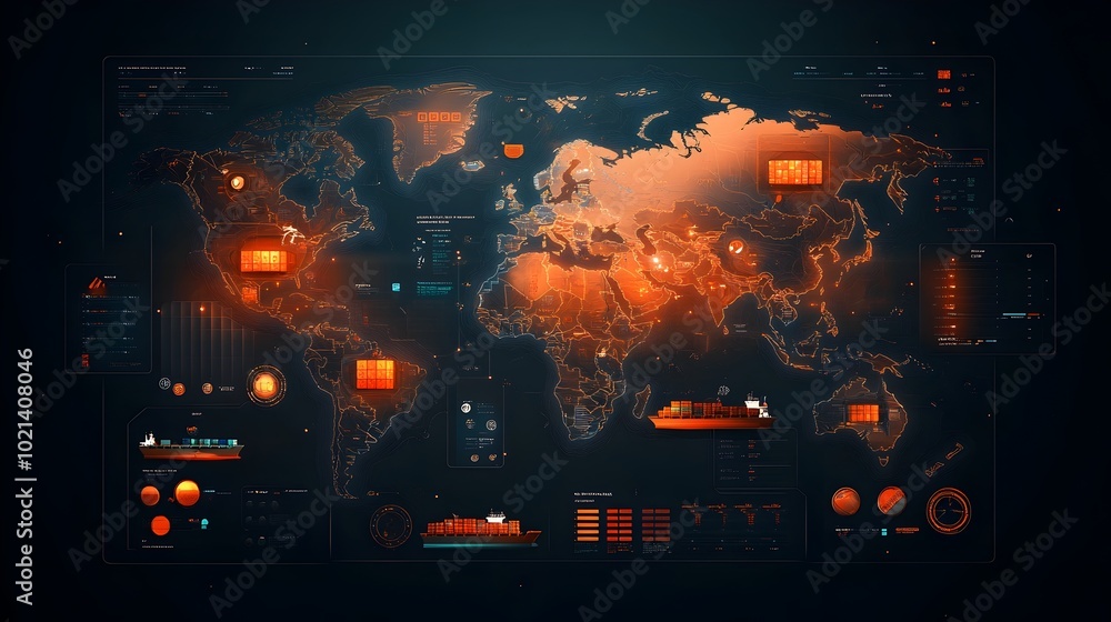 Poster advanced data visualization of a sophisticated global logistics network featuring a detailed world m