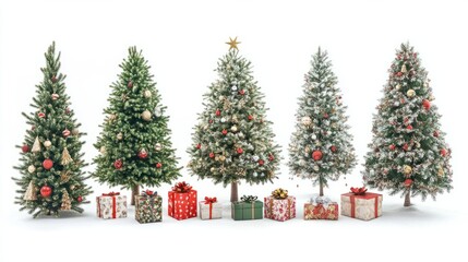 Fototapeta premium Set of 7 different gorgeous natural Christmas trees with ornaments and gift boxes, studio isolated on white background