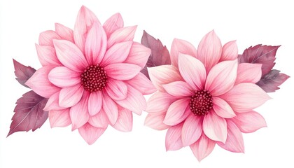 Vibrant watercolor pink dahlias in full bloom, detailed petals and lush leaves, perfect for botanical illustrations, floral decor, or wedding invitations