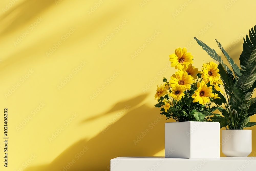 Wall mural A minimalist display showcasing a potted plant with yellow flowers against a bright yellow wall, evoking feelings of tranquility and freshness. The vibrant yellow blossoms and simple white pots create