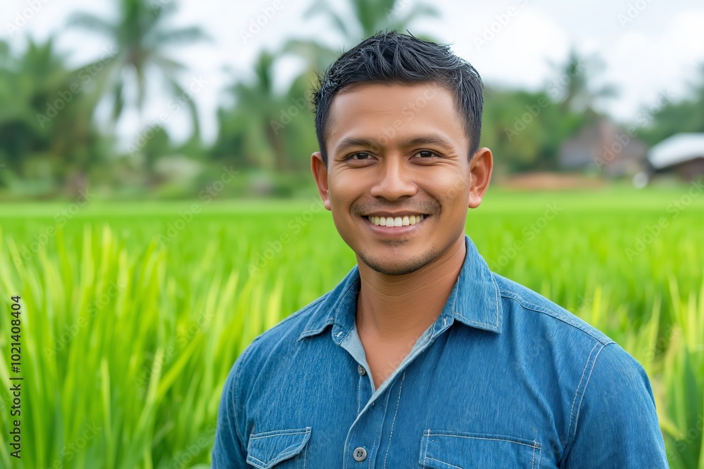 Poster man is smiling in a field of green grass. concept of happiness and contentment