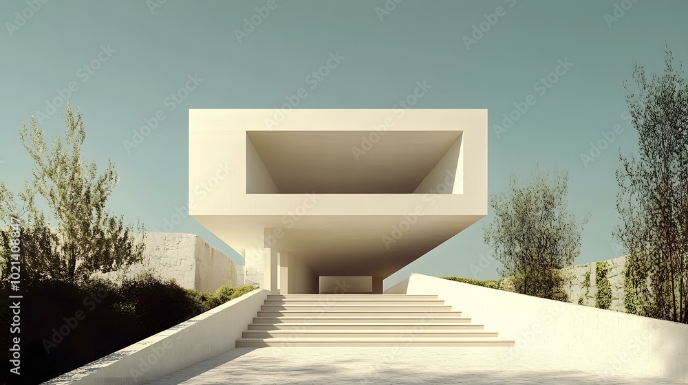 Poster modern architecture design with white walls and steps leading up to an open entrance
