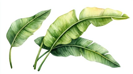 Obraz premium Watercolor banana tree leaves, vibrant green and detailed, perfect for tropical-themed designs, botanical artwork, or eco-friendly branding