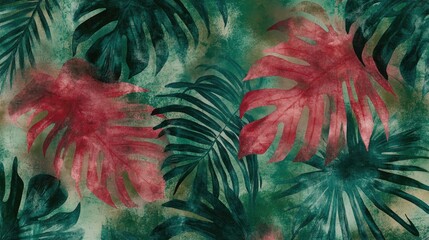 Abstract tropical leaves artwork featuring a vibrant green and red design This wallpaper showcases watercolor textures from palm and monstera leaves within an exotic botanical pattern