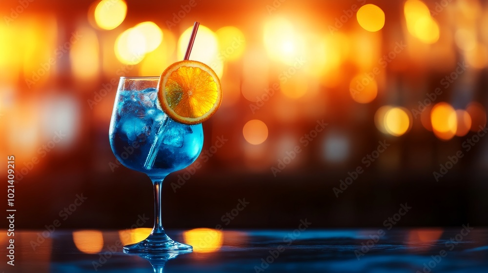 Poster A refreshing blue cocktail in an elegant glass with an orange slice garnish, perfect for a summer night out. It's a classic cocktail that's sure to impress.