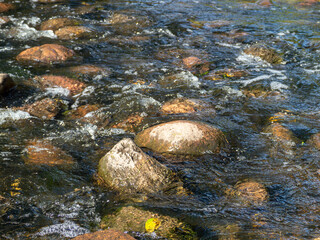 A stream of water with rocks in it. The rocks are scattered throughout the water, with some floating on the surface and others submerged. The water appears to be calm and peaceful