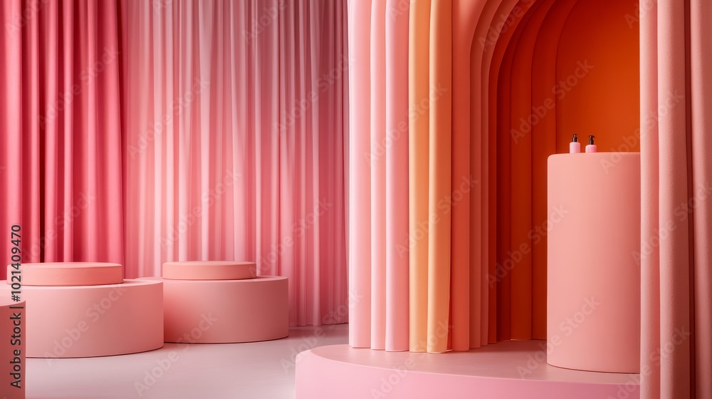 Sticker A serene presentation area featuring soft pastel curtains and an arched backdrop. Ideal for showcasing products, showcasing beauty products, minimalist displays, showcasing cosmetics, and branding.