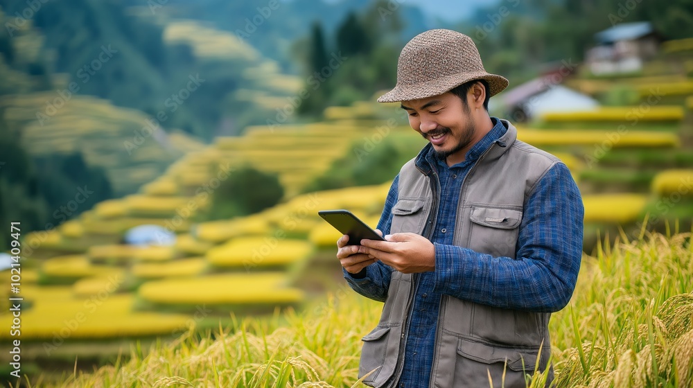 Poster man wearing a hat and a vest is using a tablet while standing in a field of rice. the scene is peace