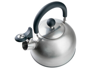 Kettle or teapot steel or metal isolated on white background with clipping path. Design element. Selective focus.