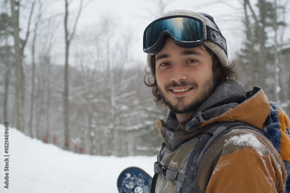 Poster man with a beard and goggles is smiling and wearing a brown jacket. he is holding a snowboard and he