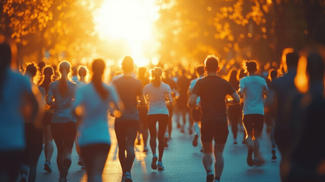 diverse group of people participating in charity walk or run for world health day blurred background