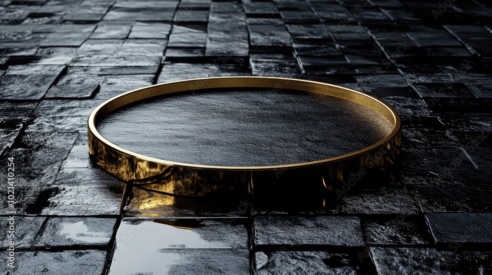 Aufkleber 3D render of an abstract modern minimal background featuring black and gold cobblestones with reflections on a wet floor An empty showcase with a golden round frame serves as a platform for produc