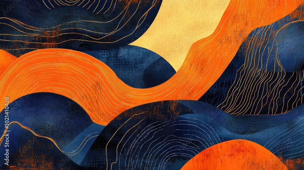 Poster Abstract geometric art featuring orange and blue vector patterns modern design with hand drawn lines and gold texture elements