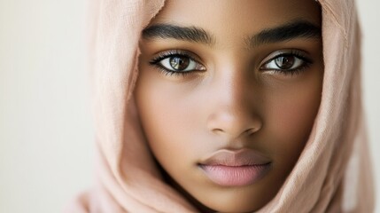 Close-up portrait of a young woman wearing a hijab, looking directly at the camera.