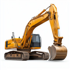 Yellow Excavator with a Large Bucket on a White Background.