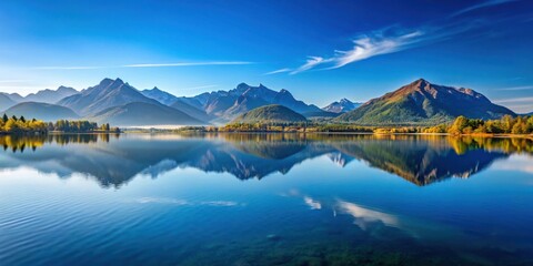 Naklejka premium A serene mountain lake reflecting a tranquil blue sky, with a gentle breeze rippling the surface and fall foliage lining the shore.