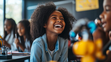 Young girl with afro laughs while in a classroom with other children.