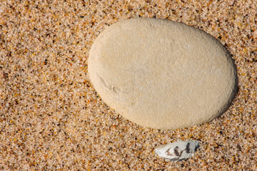A smooth stone and small shell are partially buried in the beach sand in late February 2012 at...