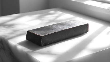 Black and white close-up of a solitary energy bar placed flat on a smooth white surface, dramatic side lighting creating deep shadows, minimalist design with ample negative space, hd quality,