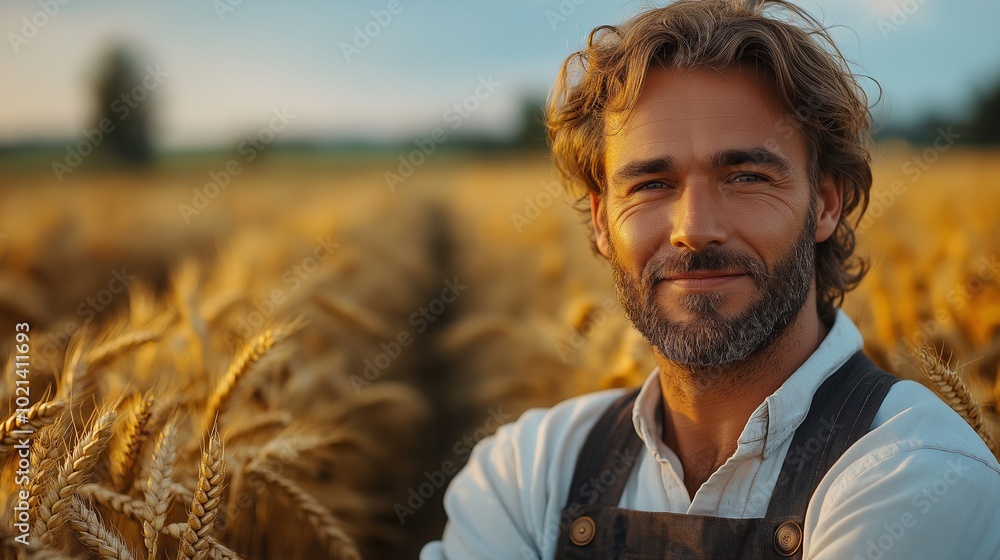 Poster man with a beard and mustache is standing in a field of wheat. he is smiling and looking at the came