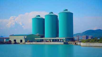 Obraz premium Three turquoise industrial silos stand against a blue sky and water.