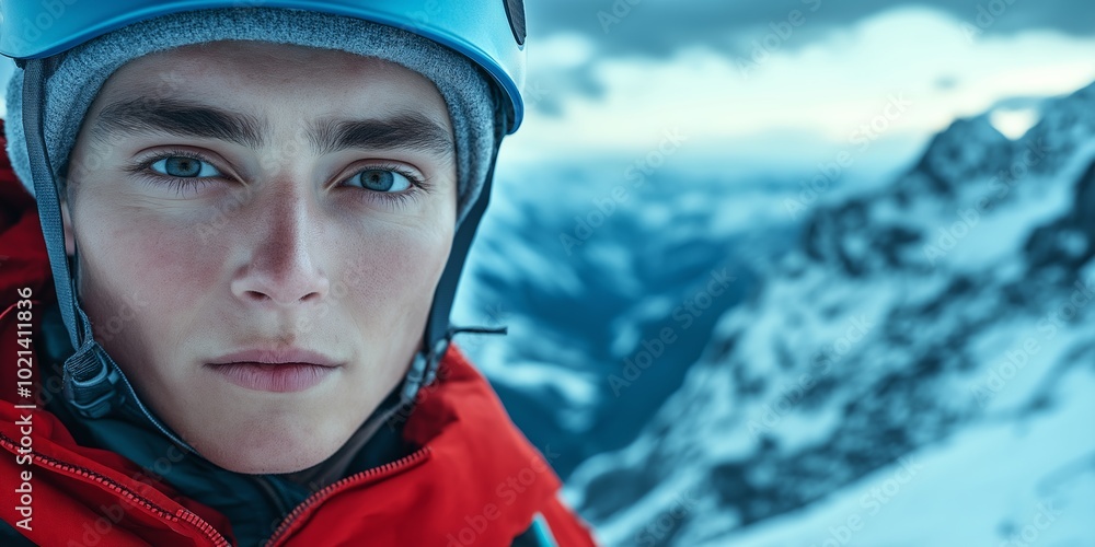 Poster man with a blue helmet and red jacket is standing on a snowy mountain. he has a serious expression o