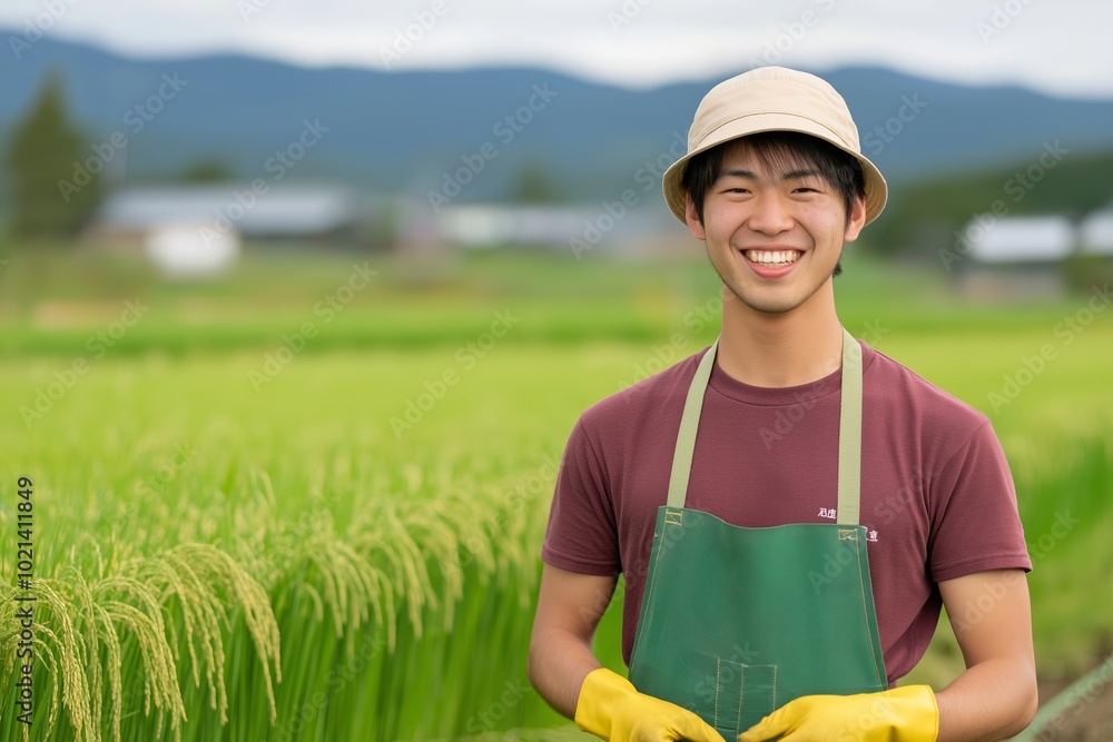 Poster man wearing a hat and apron is smiling in front of a field of rice