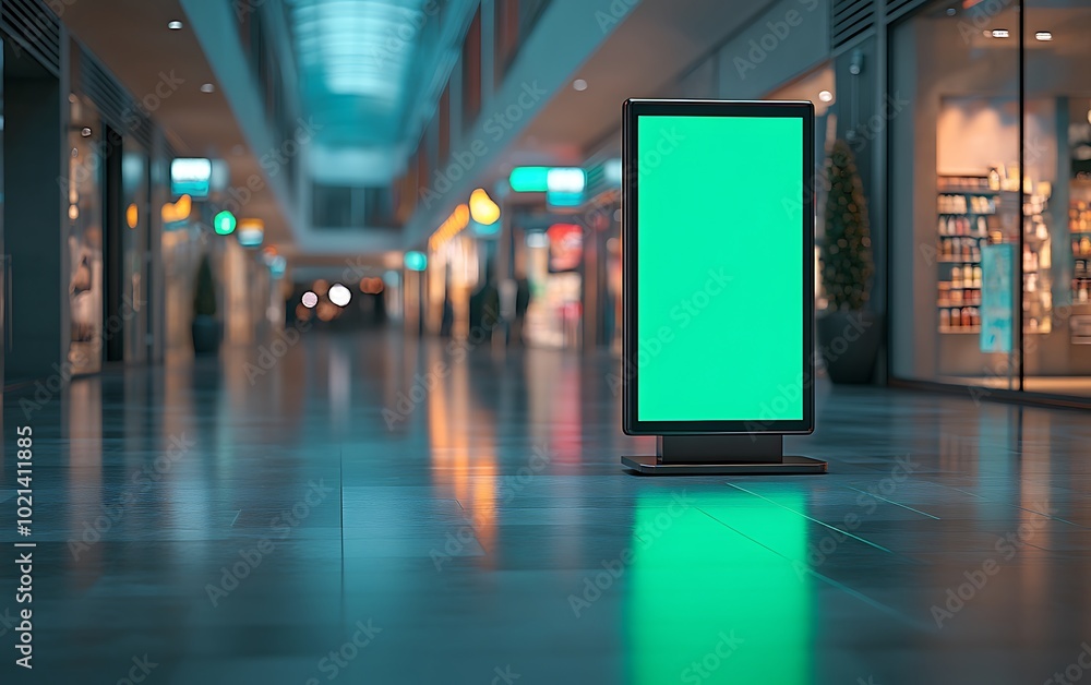 Aufkleber a sleek digital display stands in a modern, empty shopping mall, illuminated by soft lights and vibr