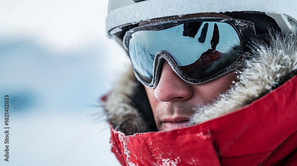 Poster man in a red jacket and goggles is standing in the snow. he is wearing a red coat and a red hat