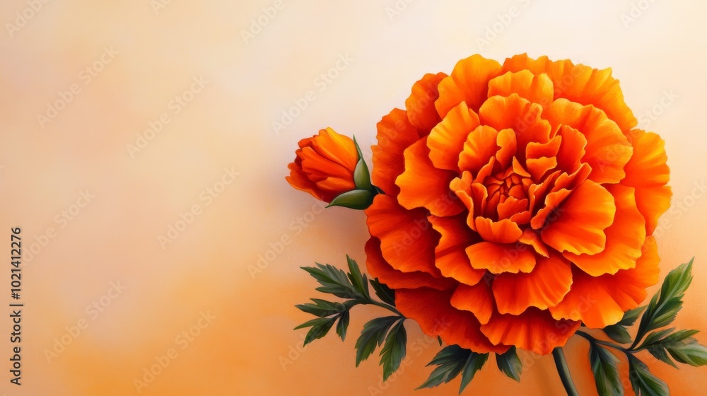 Poster A vibrant watercolor illustration of a single marigold flower with a bud and leaves, representing beauty, warmth, joy, growth, and prosperity.