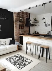 Modern Kitchen and Living Room Interior Design with Brick Walls and Wooden Countertop