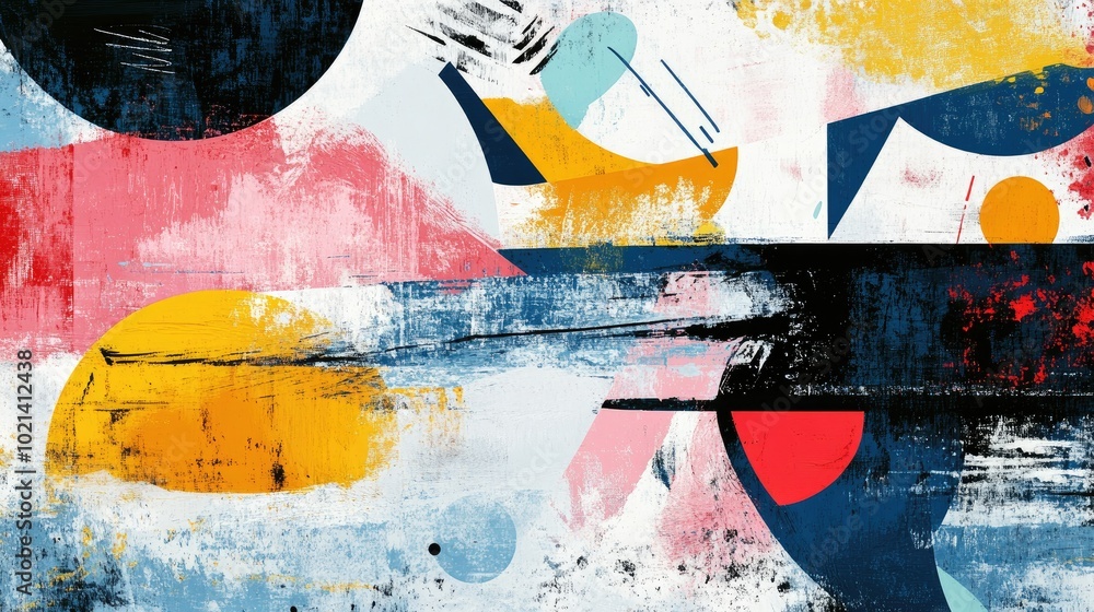 Poster colorful abstract grunge painting featuring rough hand drawn geometric shapes and line art ideal for