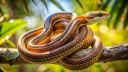 Fototapeta premium Florida Brown Rat Snake Coiled on a Branch in Natural Habitat Under Bright Sunshine in Florida