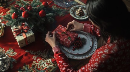 Fototapeta premium A woman packs a Christmas gift on a festive table