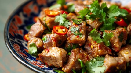 Delicious Spicy Meat Dish with Fresh Herbs and Peppers